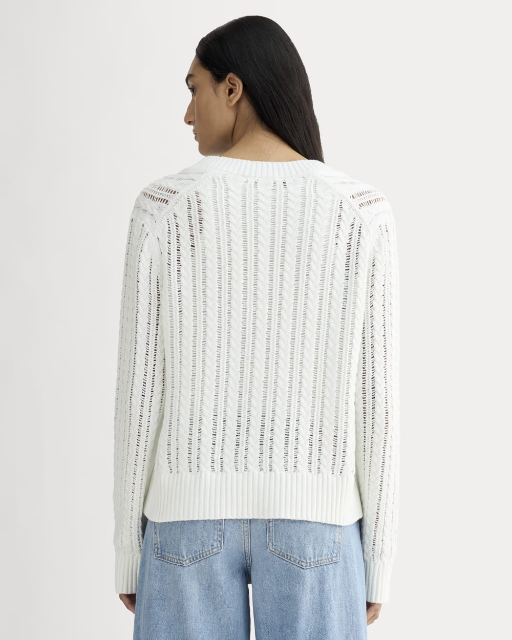 The Mesh Cable V-Neck in Everyday Cotton in White — detail view