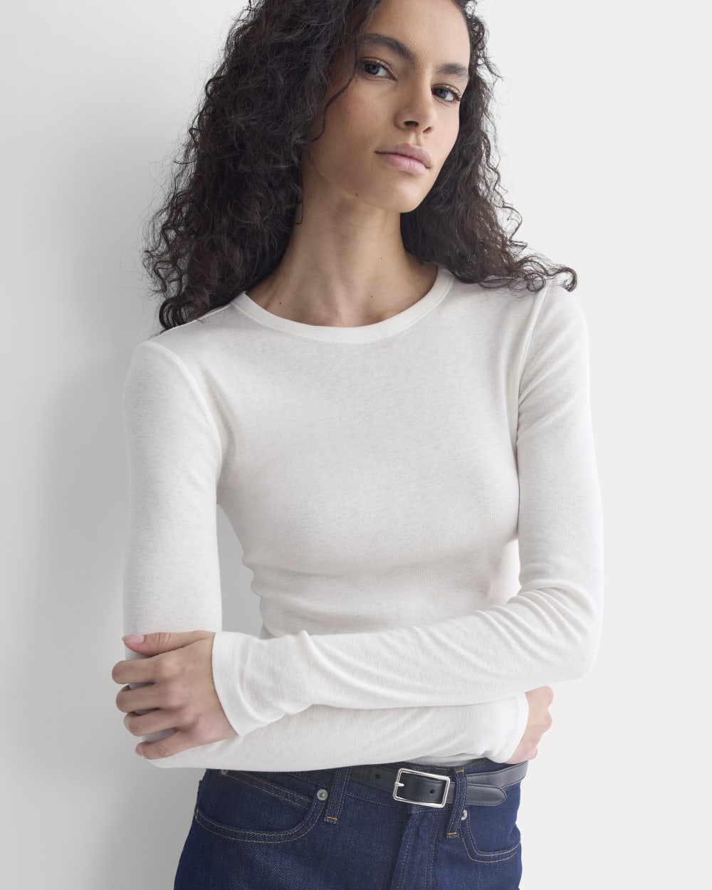 Tissue Long-Sleeve Crew in Bone — detail view