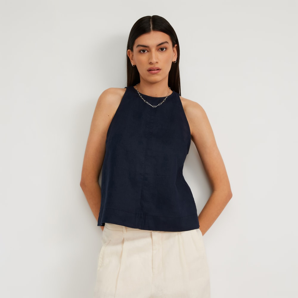 The Linen High-Neck Tank in Navy — front view