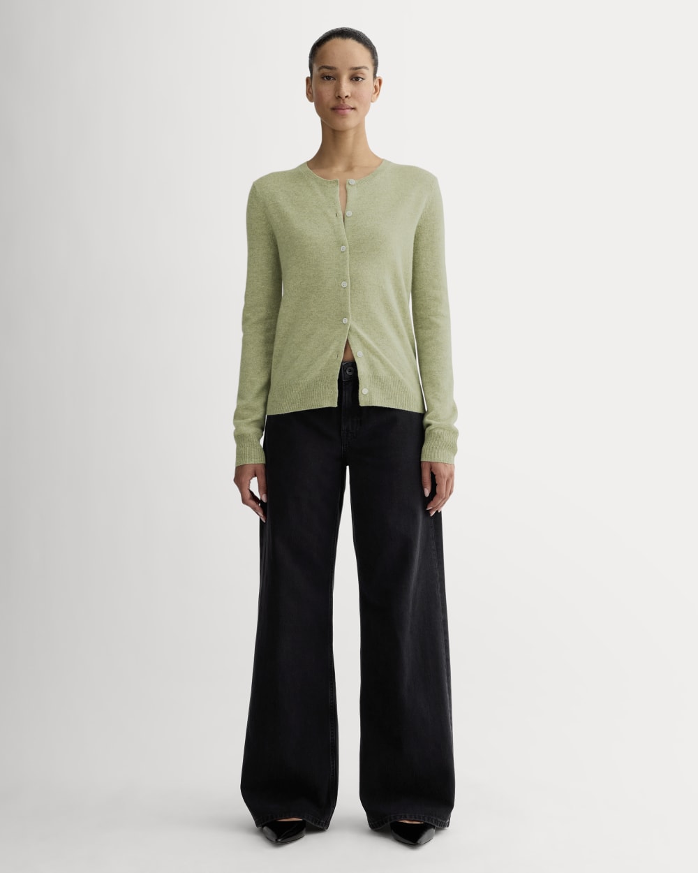 The Classic Cardigan in Cashmere in Light Heathered Moss — detail view
