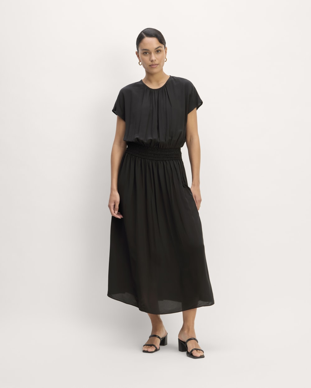The Gathered Midi Dress in Black — front view