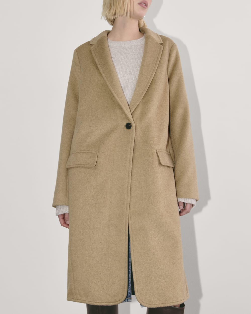 The Topcoat in Wool in Dark Heathered Camel — detail view