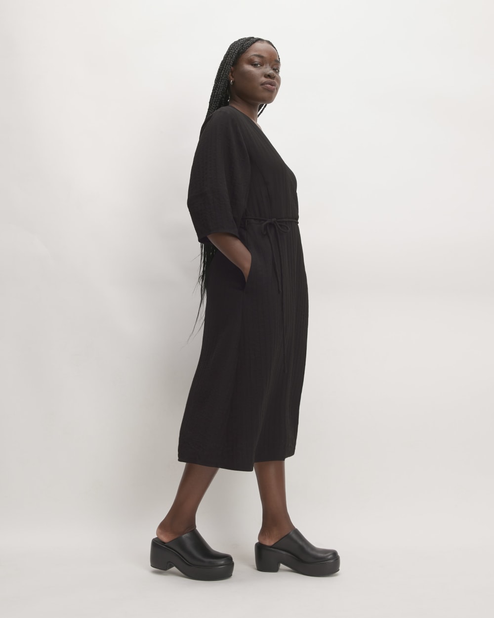 The City Stripe Wrap Dress in Black — detail view