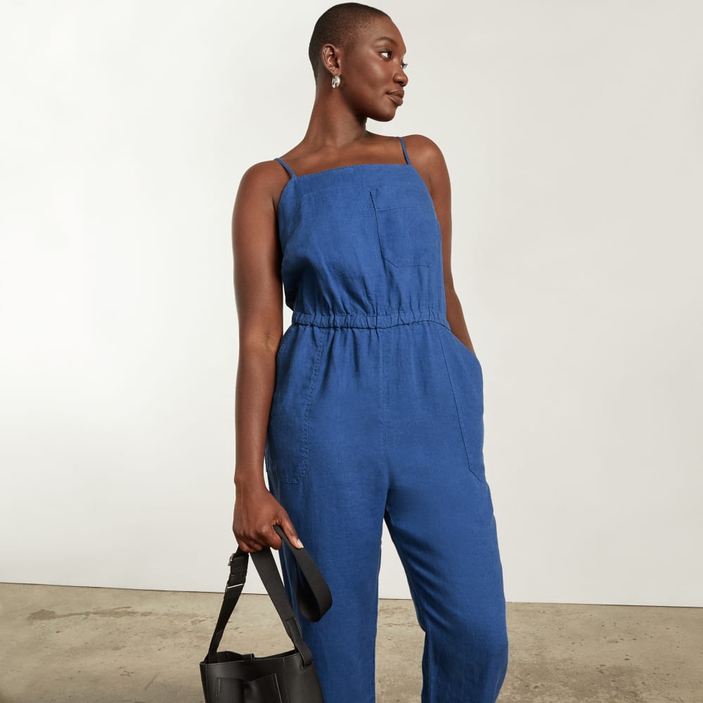 The Linen Shoestring Jumpsuit in Deep Blue — detail view