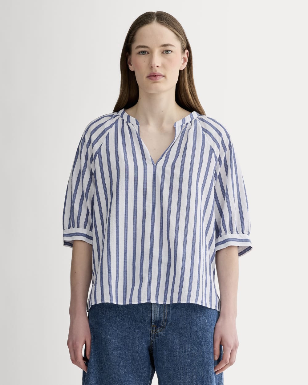 The Gauze Gathered Top in White / Mazarine Blue — front view
