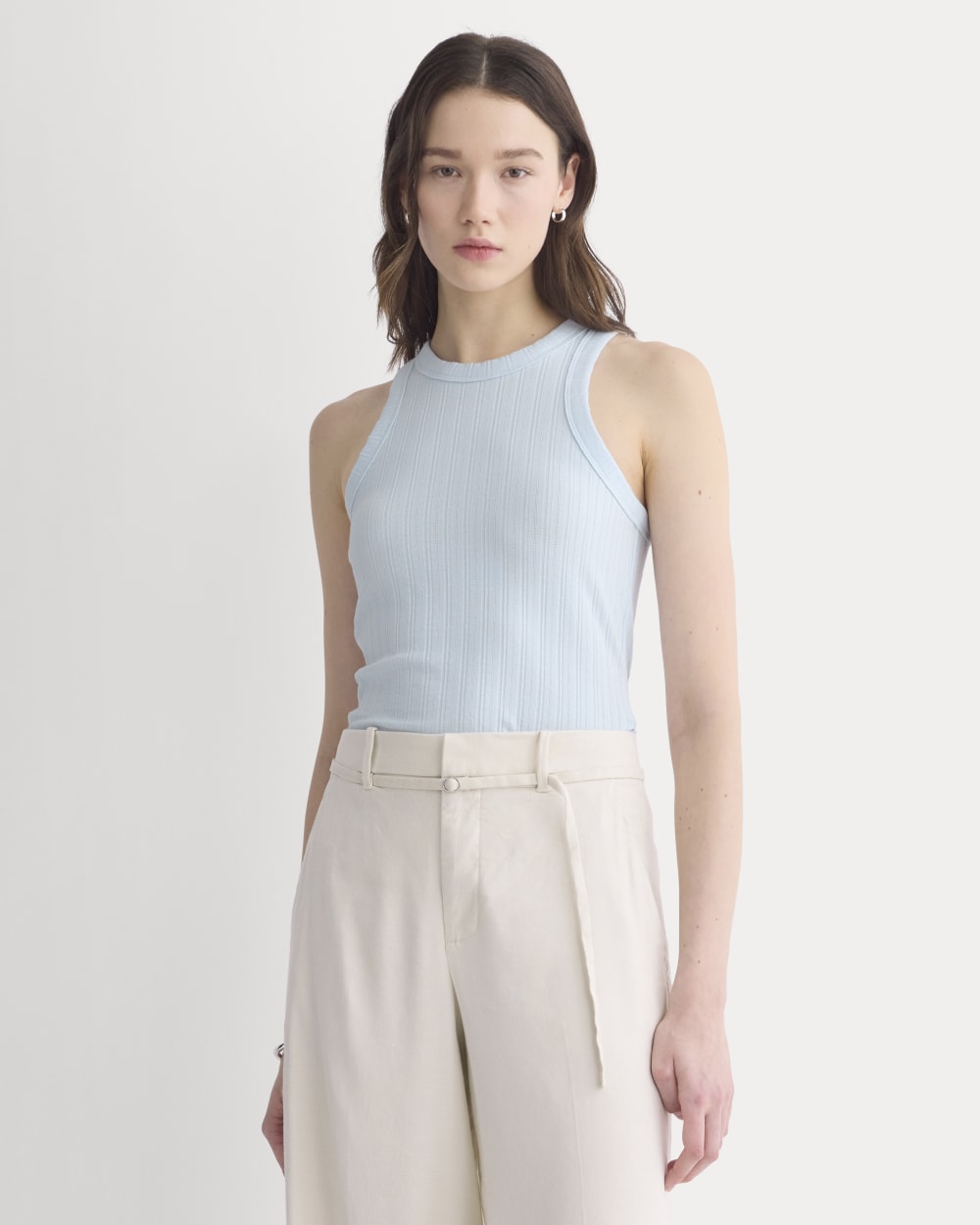 Racerback Tank in Pointelle in Skywriting — front view
