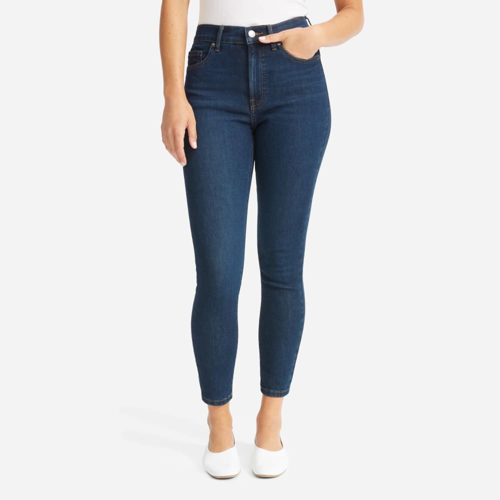 The Authentic Stretch High-Rise Skinny in Dark Blue Wash — detail view