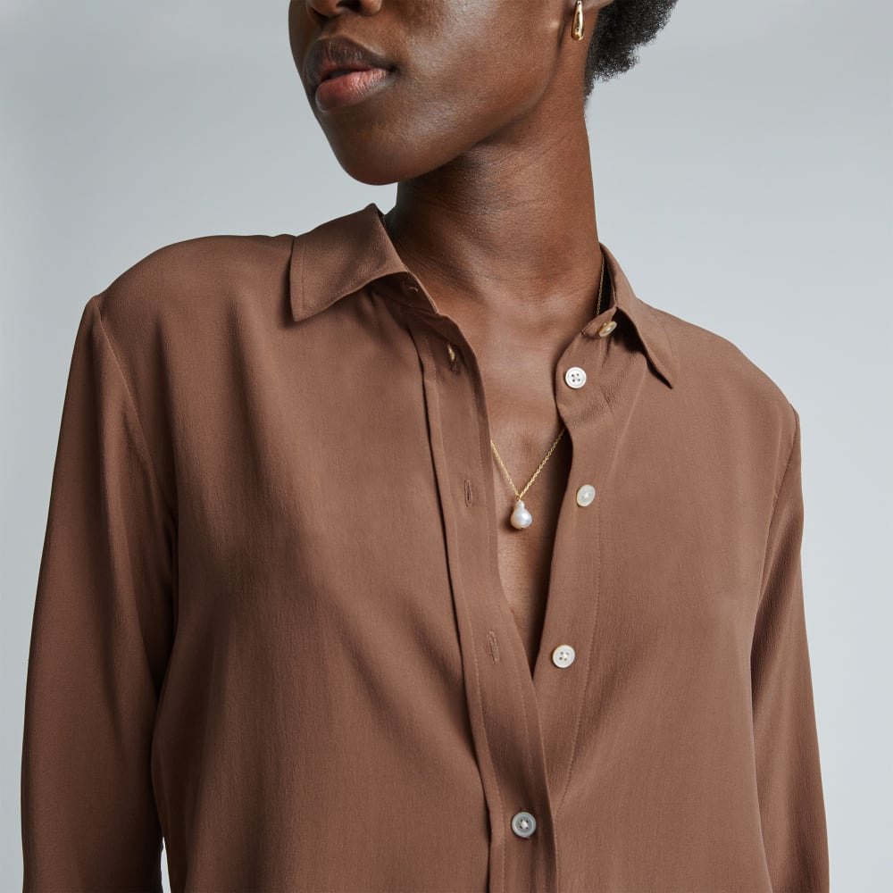 The Must-Have Shirt in Washable Silk in Carob Brown — detail view