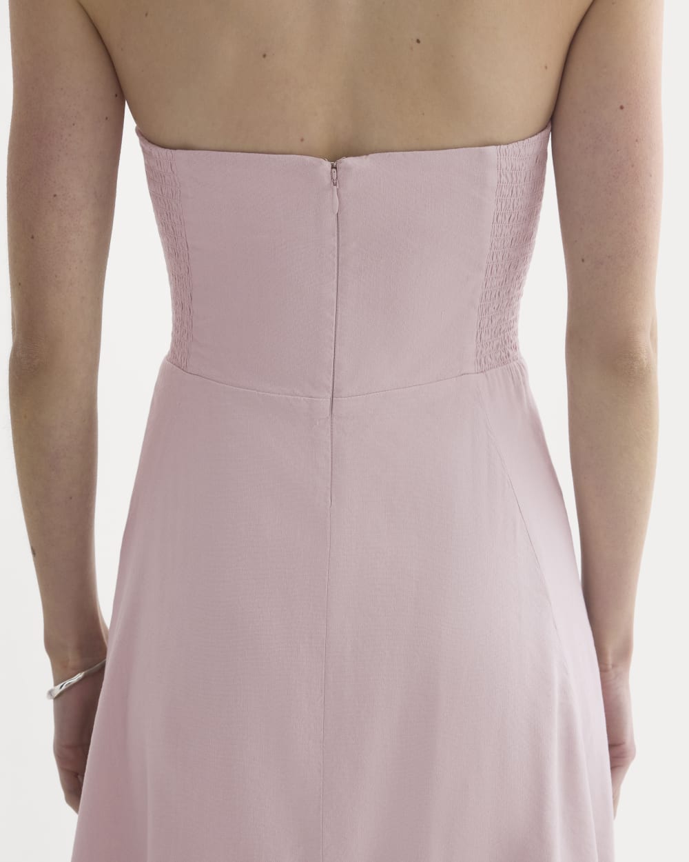 Strapless Dress in Stretch Linen in Burnished Lilac — detail view