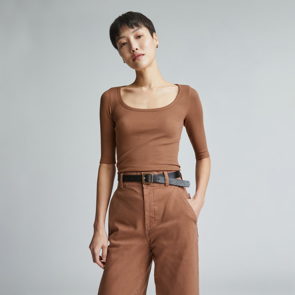 The Luxe Micro-Rib Scoop-Neck Tee in Carob Brown — front view