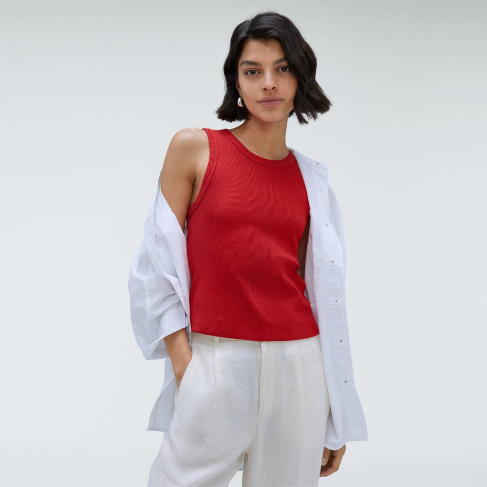 The Ribbed Cutout Tank in Ruby — detail view