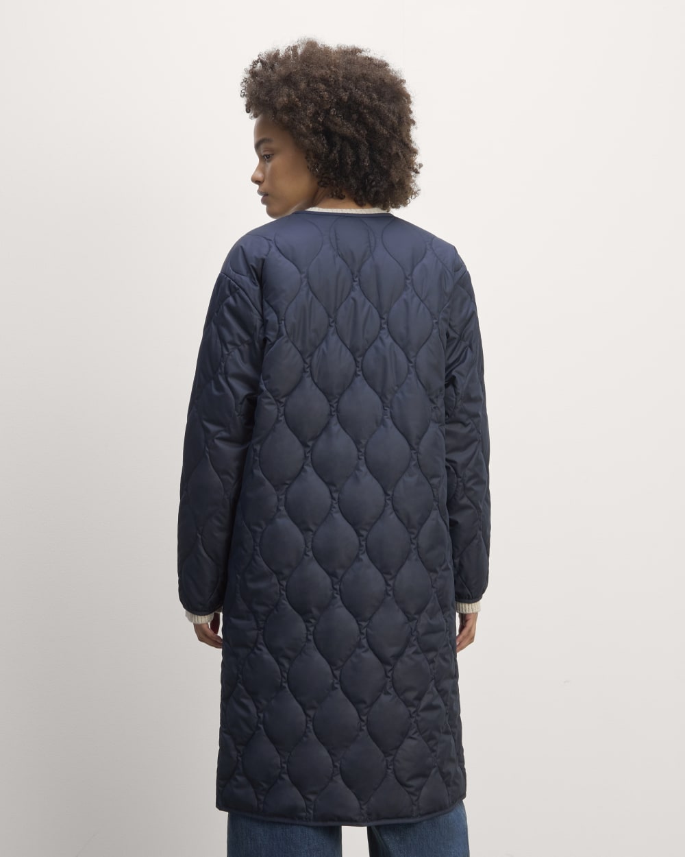 The Long Quilted Liner in Navy — detail view