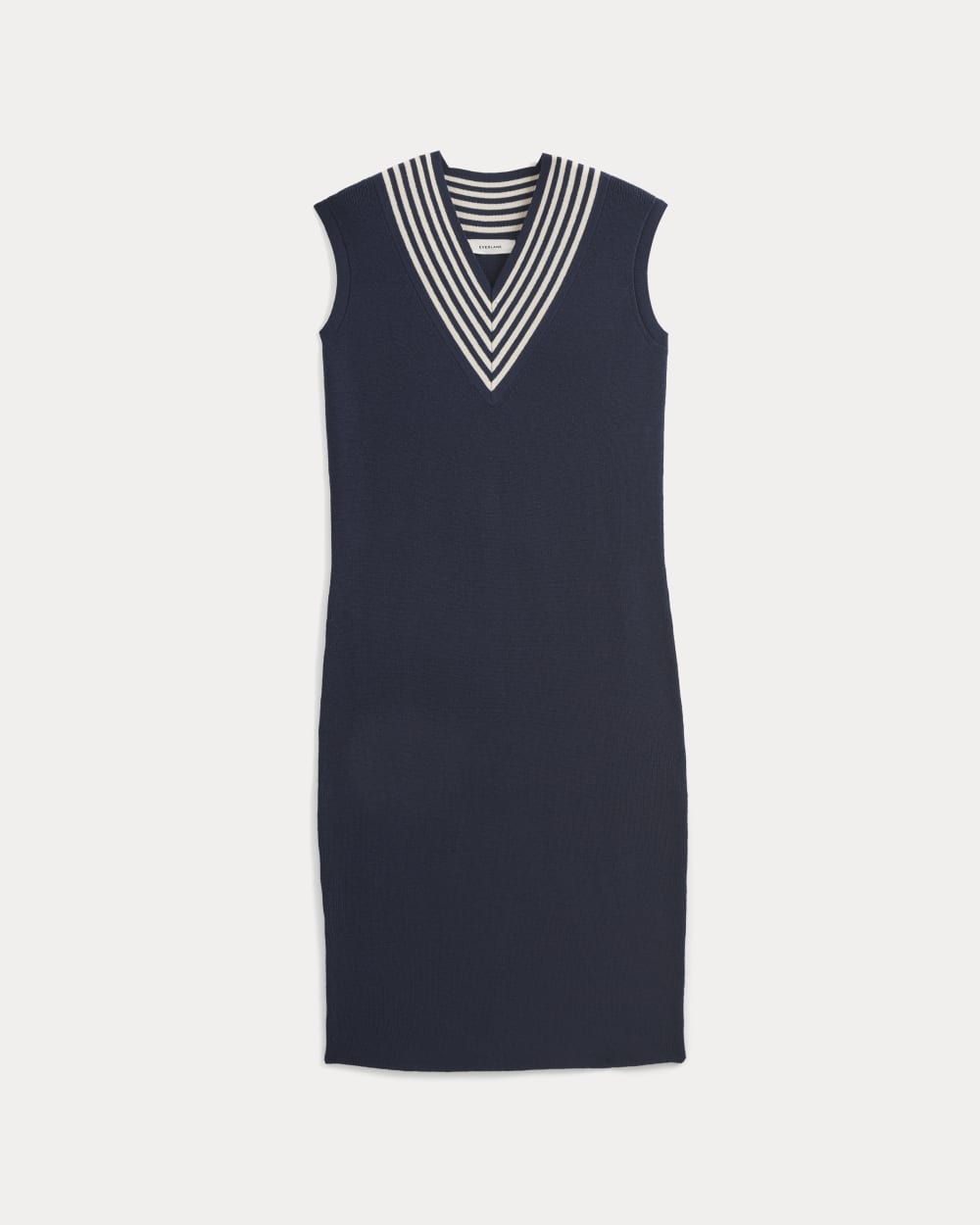 Relaxed V-Neck Midi Sweater Dress in Cotton Merino in Navy — alternate view