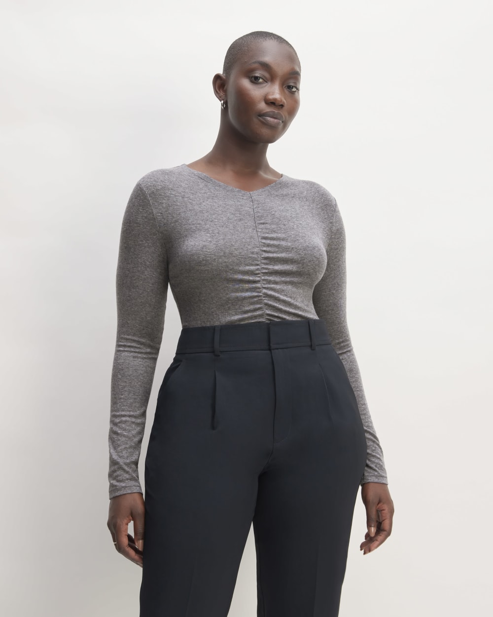 The Ruched V-Neck Tee in Butterluxe in Heather Charcoal — front view