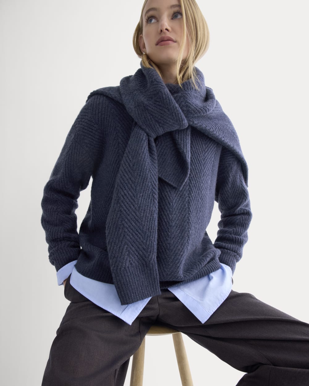 Cashmere Herringbone Sweater in Indigo — detail view