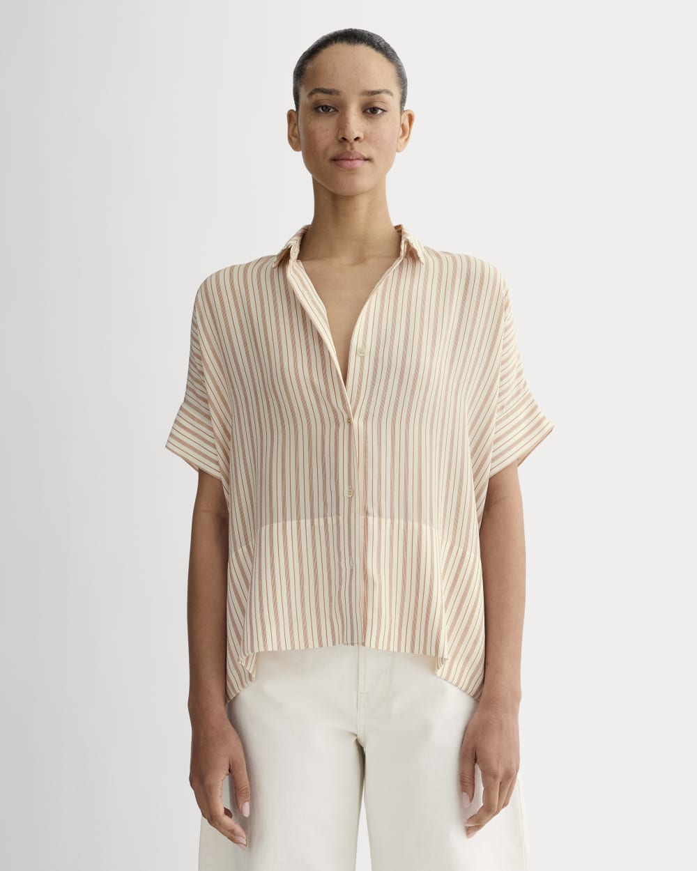 The Boxy Shirt in Washable Silk in Bone / Dusky Rose — front view
