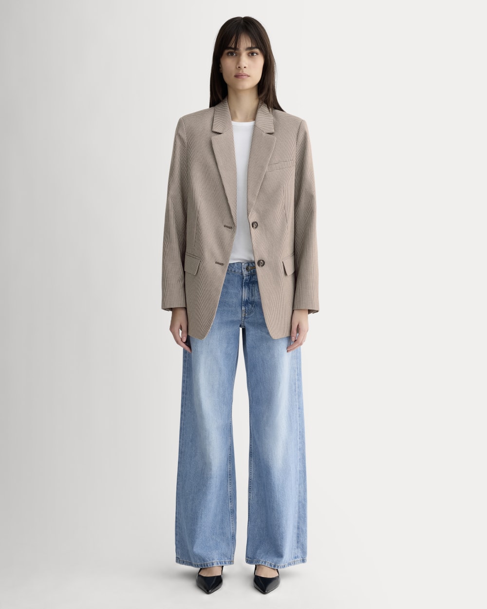 The Oversized Blazer in Buttersmooth in Deep Taupe Mini Gingham — detail view