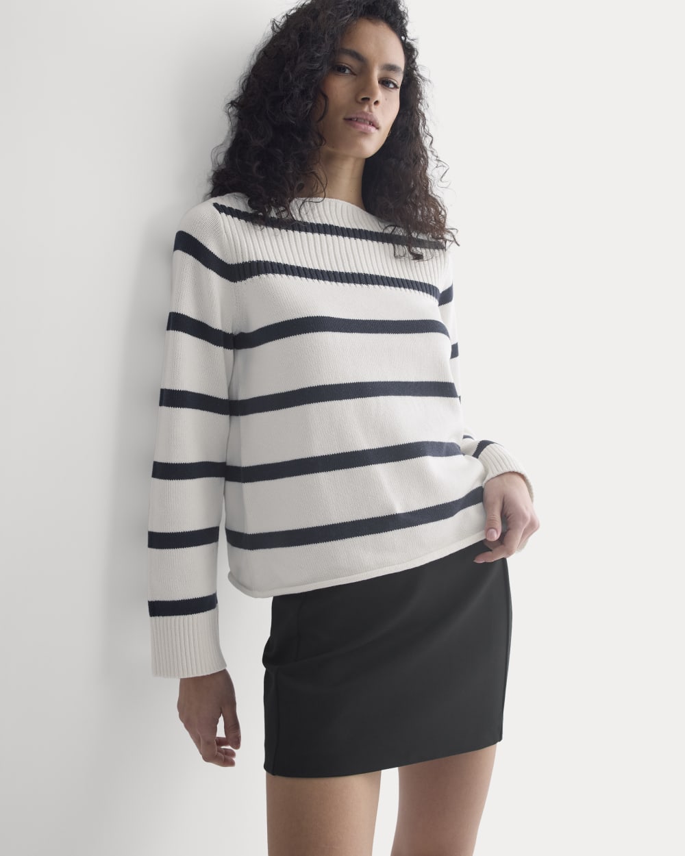 Striped Boatneck Sweater in Everyday Cotton in True Navy/Bone — front view