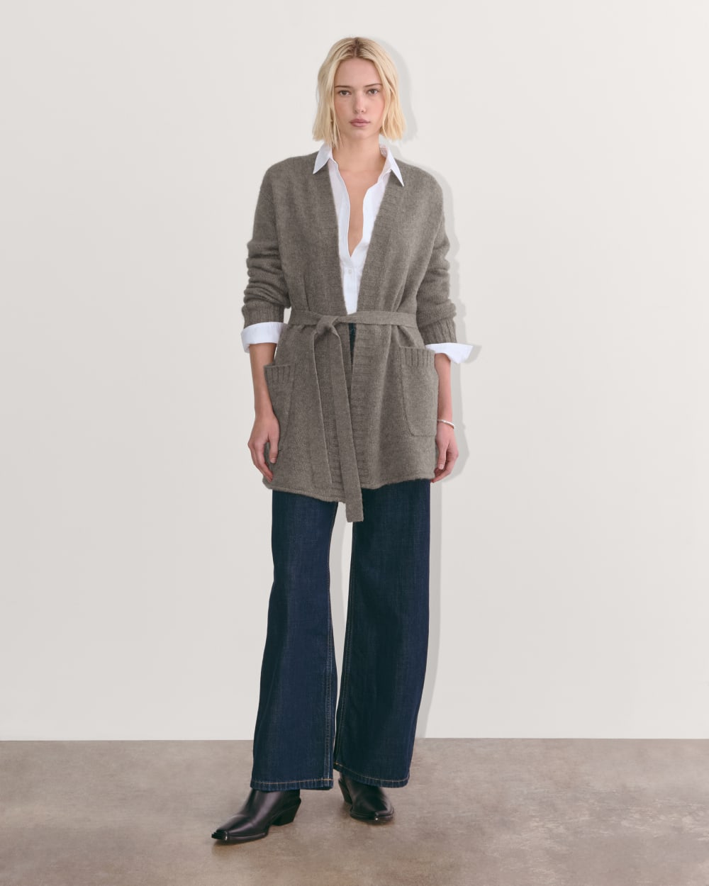 The Robe Cardigan in Alpaca in Taupe Melange — detail view