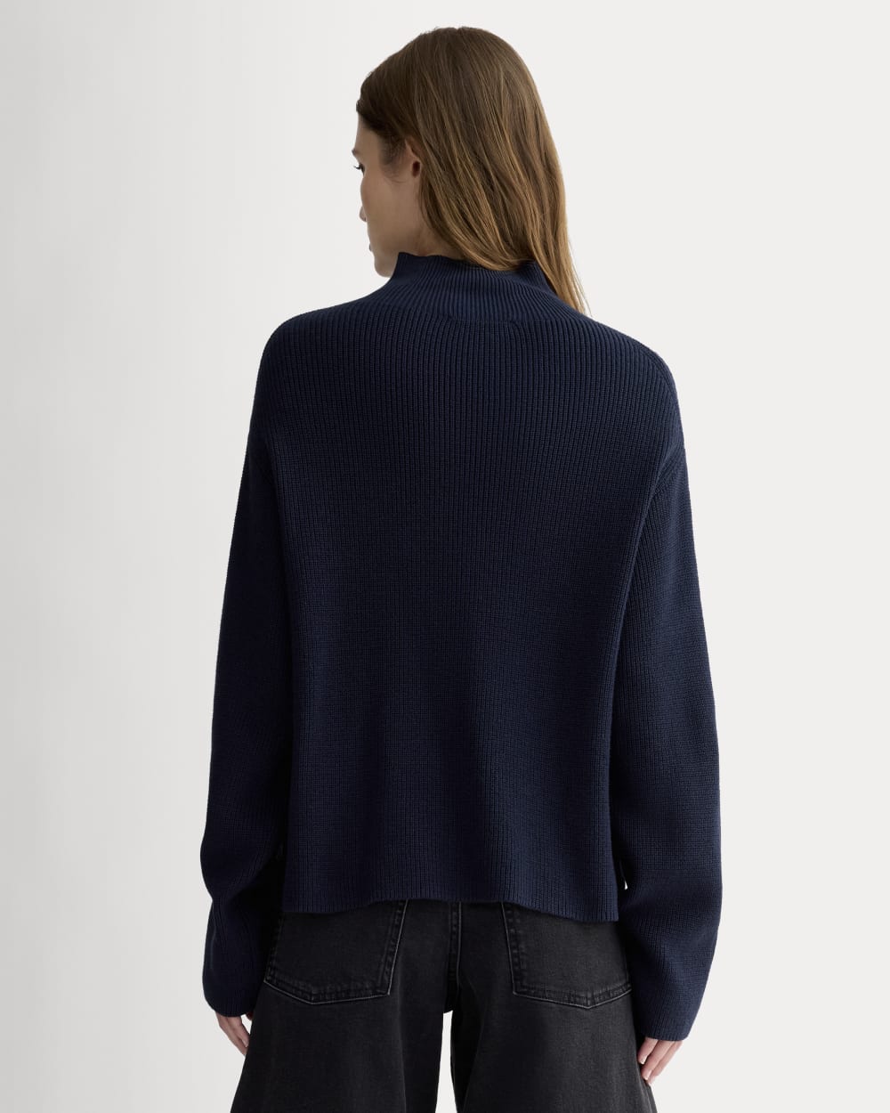 The Slouchy Funnel Neck in Everyday Cotton in Navy — detail view