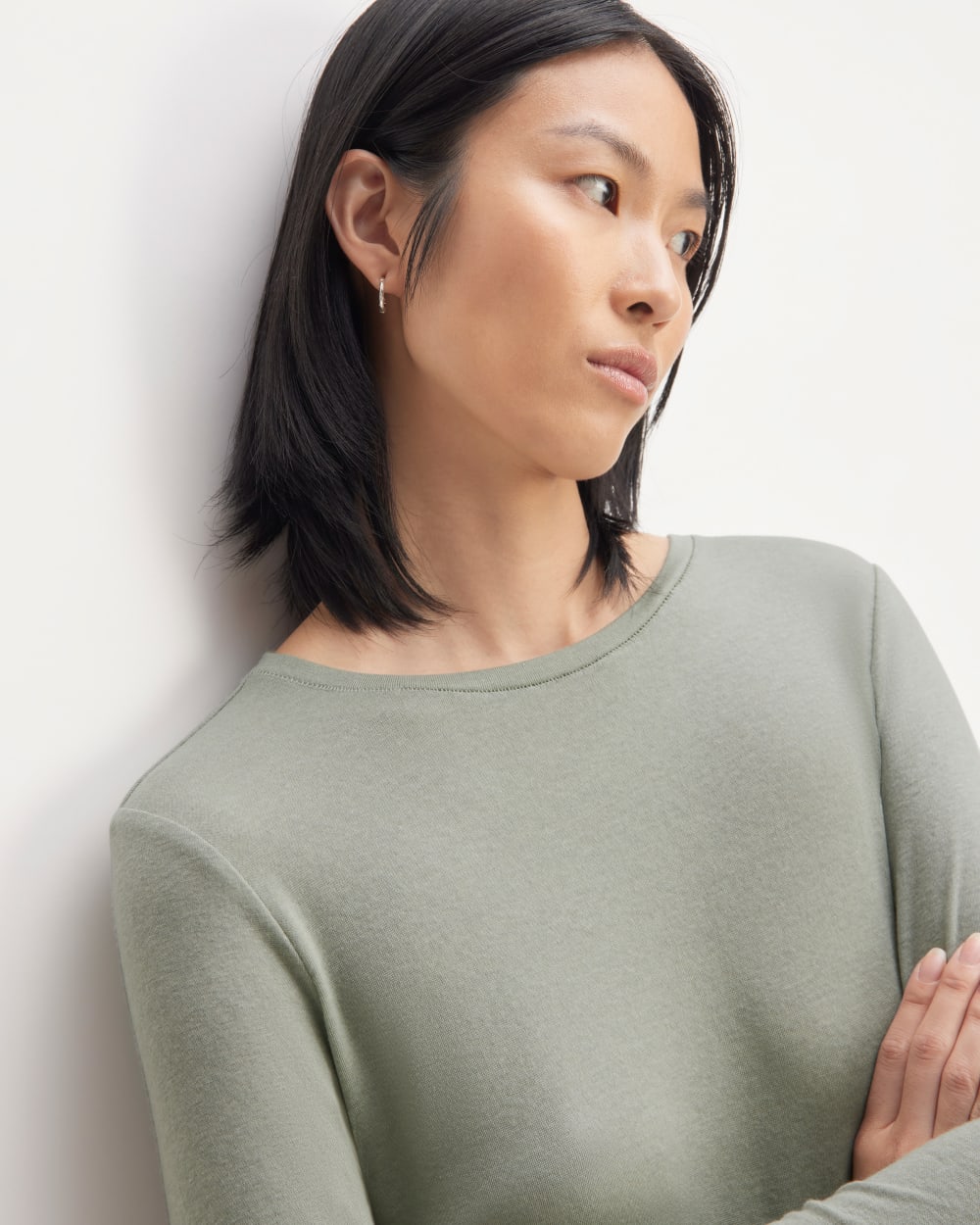 The Long-Sleeve Tee in Butterluxe in Sage Green — detail view