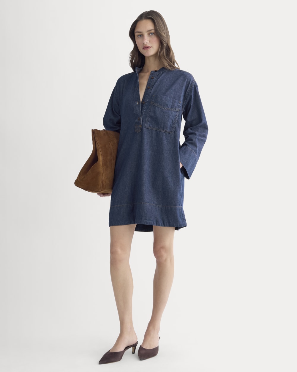The Denim Popover Dress in Dark Indigo — front view