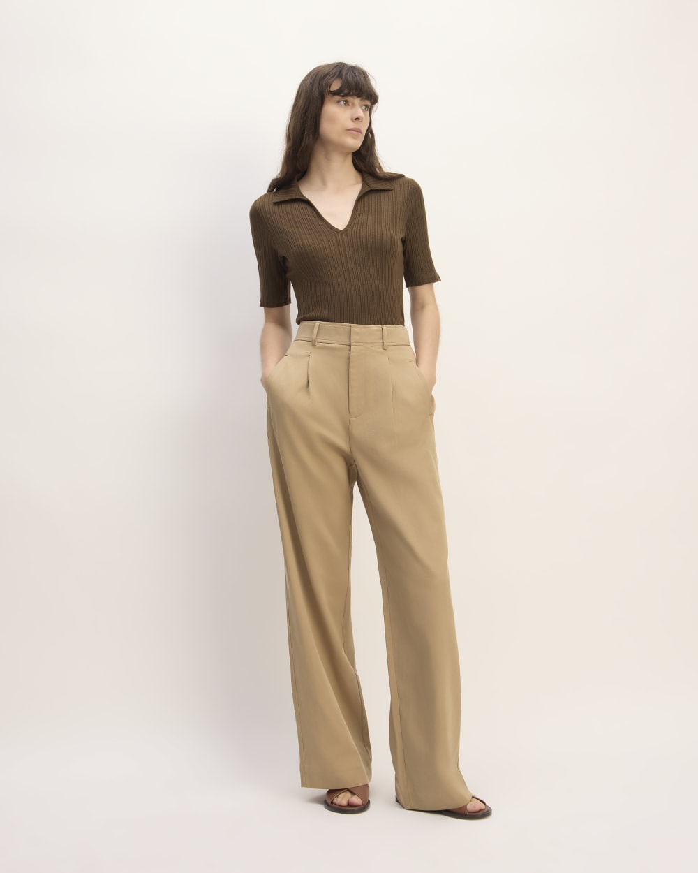 The Rib Soft Knit Open Collar Polo in Cocoa — detail view