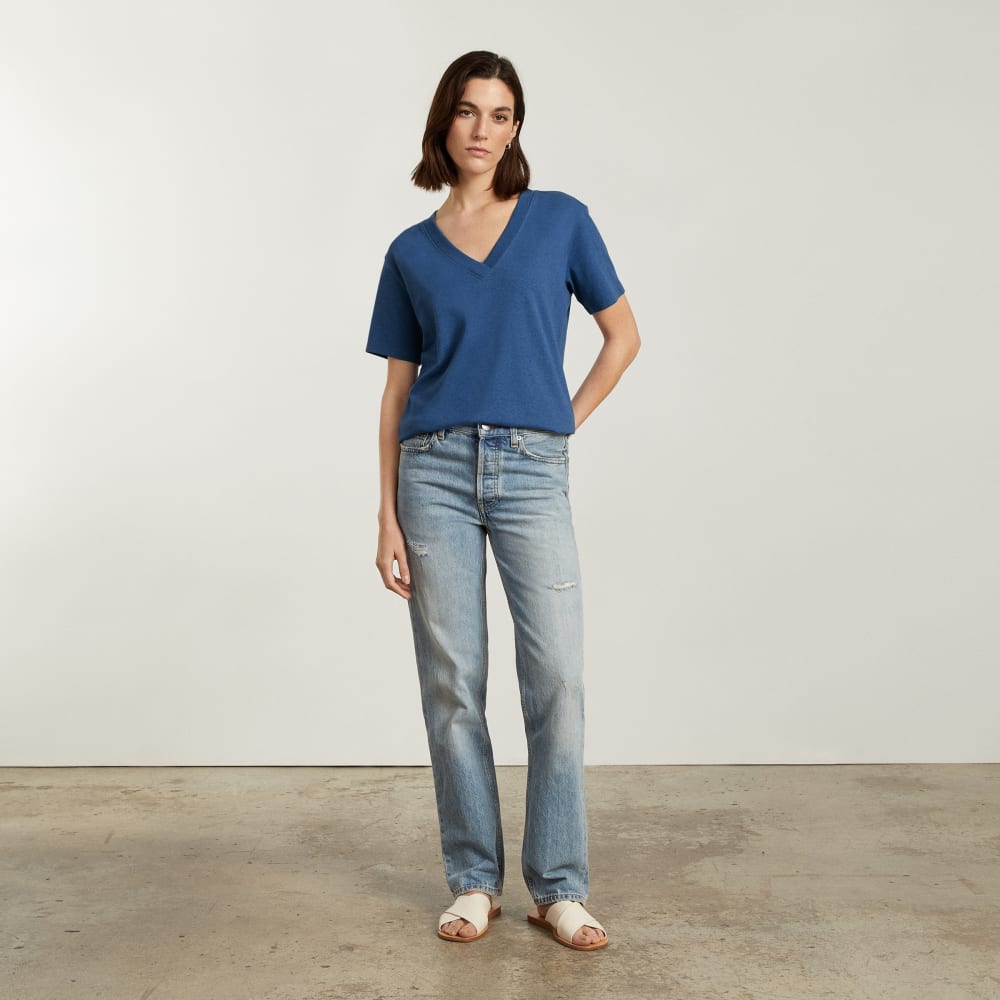 The Vintage V-Neck Hemp Tee in Deep Blue — detail view