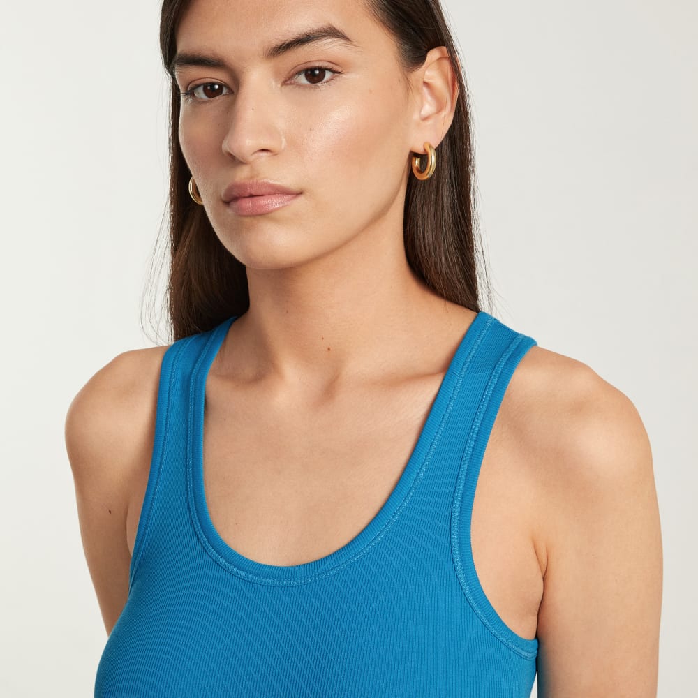 The Pima Micro-Rib U-neck Tank in Horizon Blue — detail view
