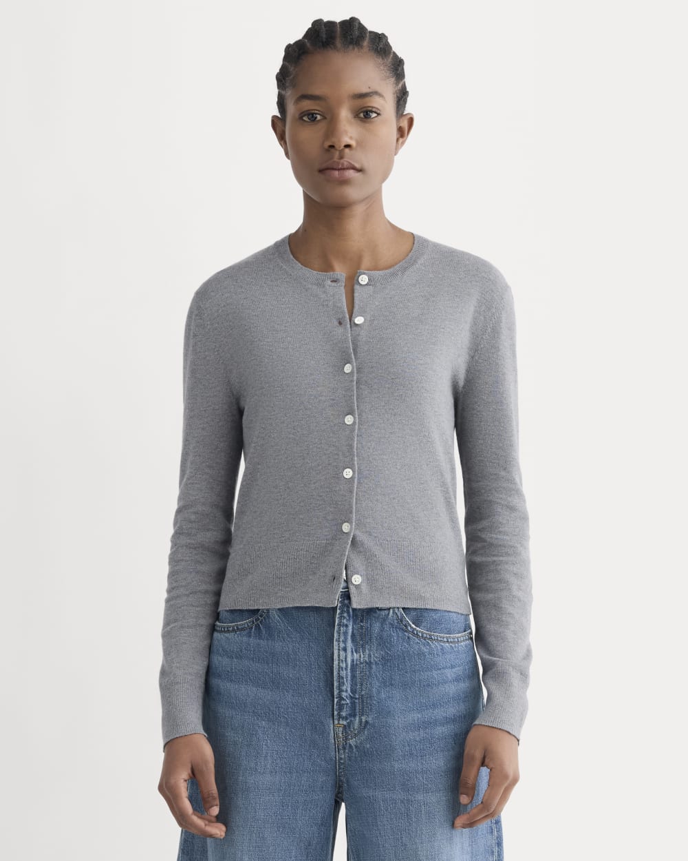 The Cropped Cardigan in Cotton Cashmere in Heather Charcoal — front view