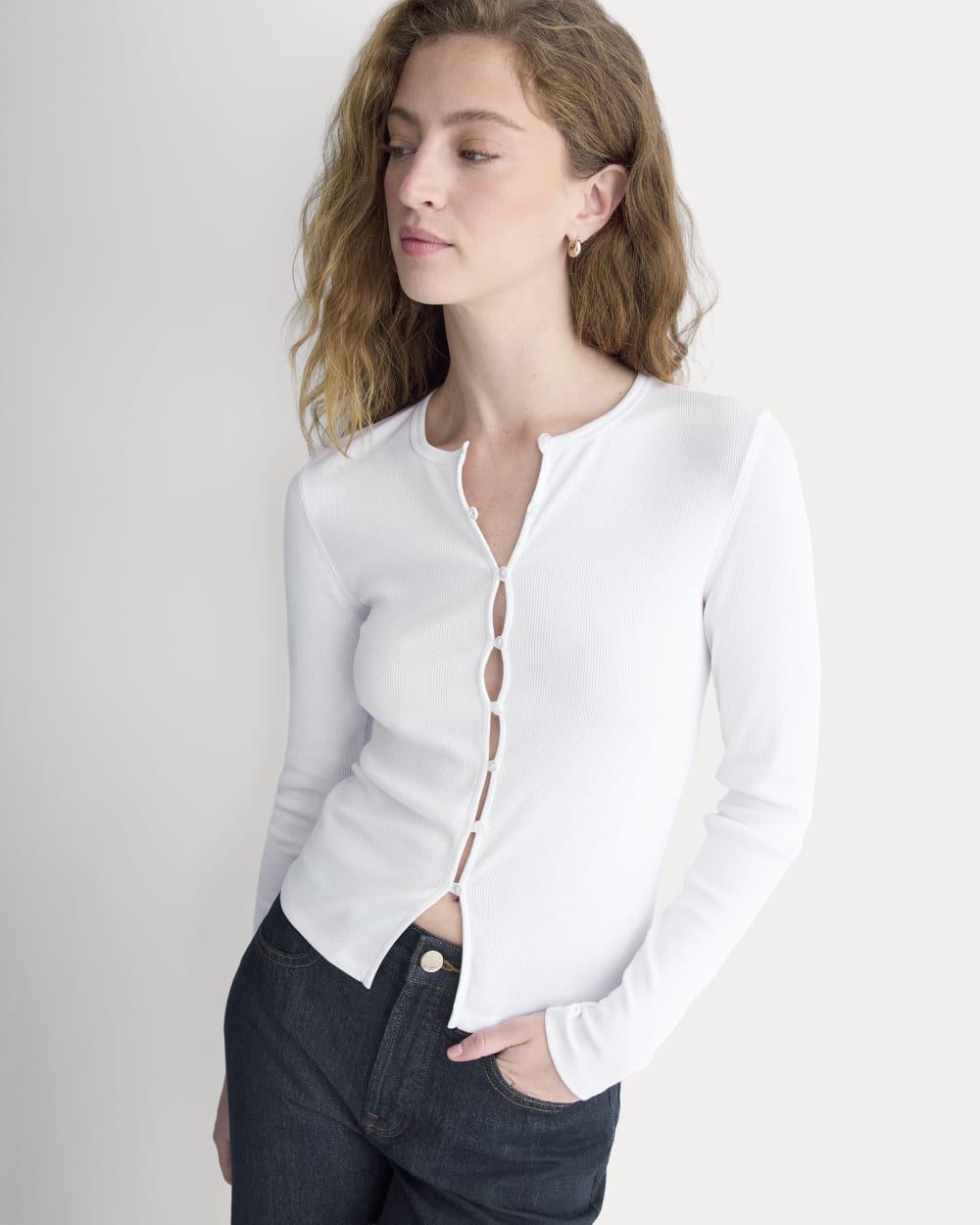 Luxe Rib Button-Up Top in White — detail view