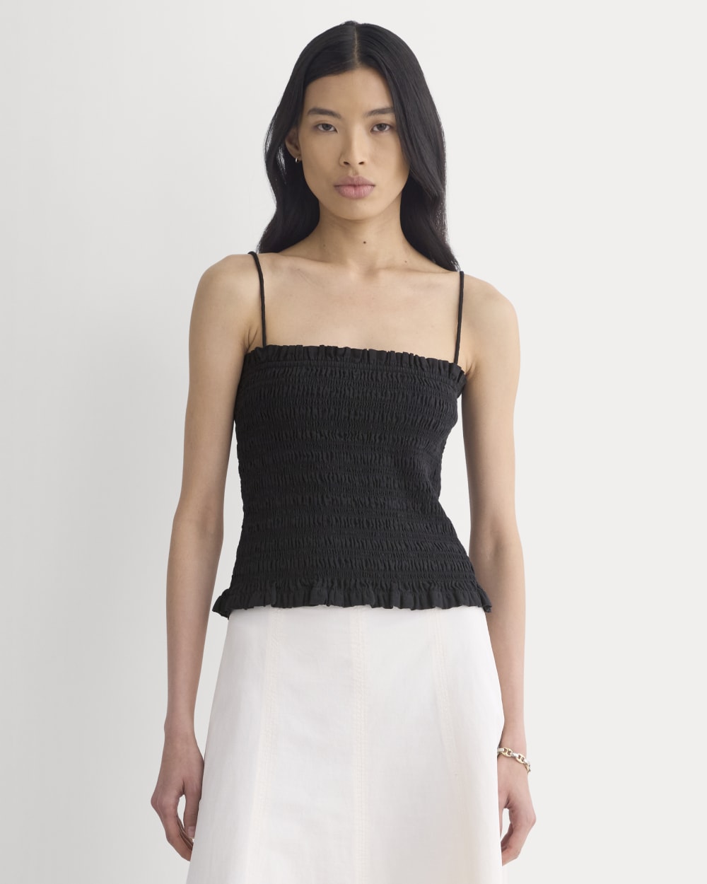Gauze Smocked Cami in Black — front view