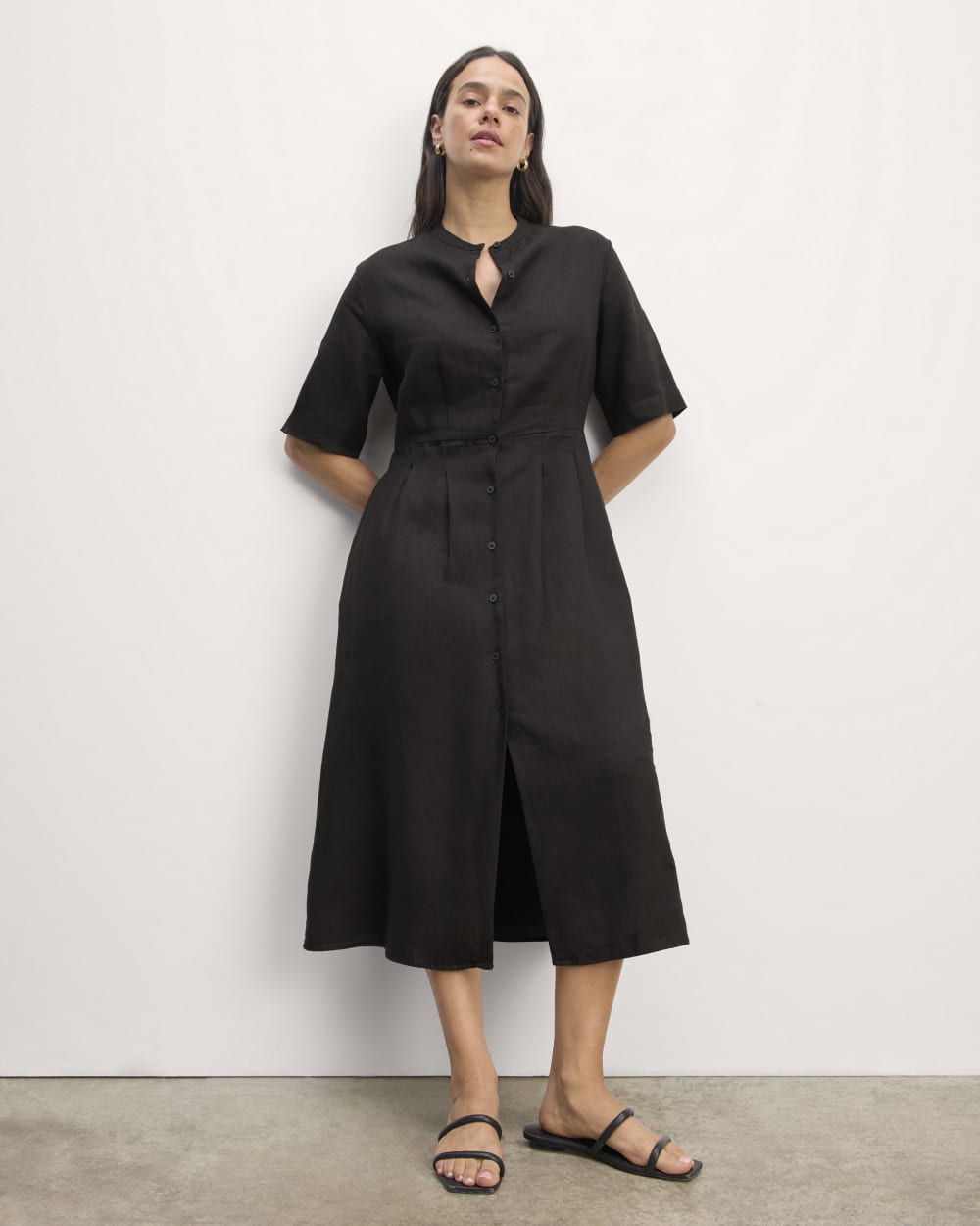 The Frolic Dress in Linen in Black — front view