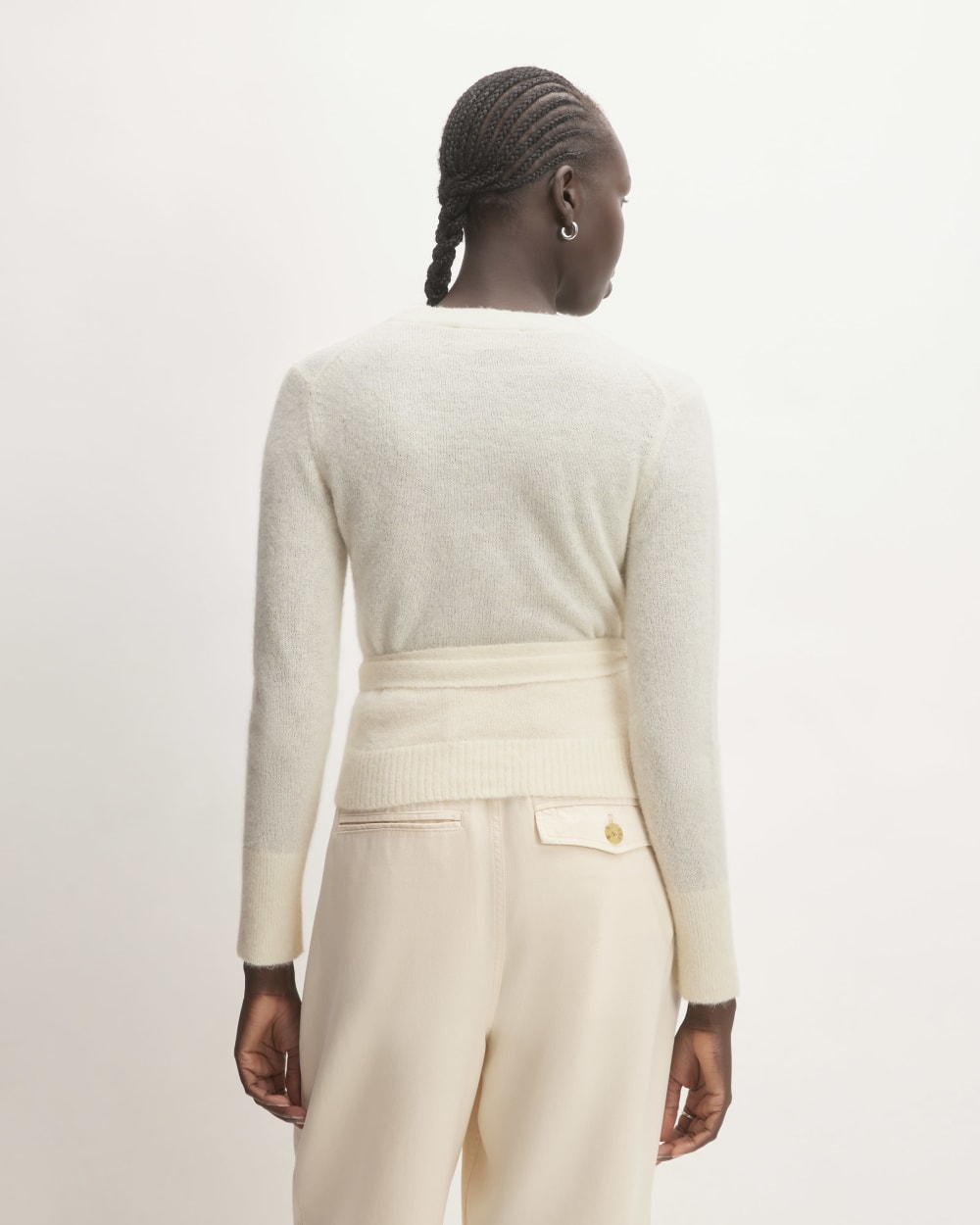 The Alpaca Wrap Sweater in Snow — detail view