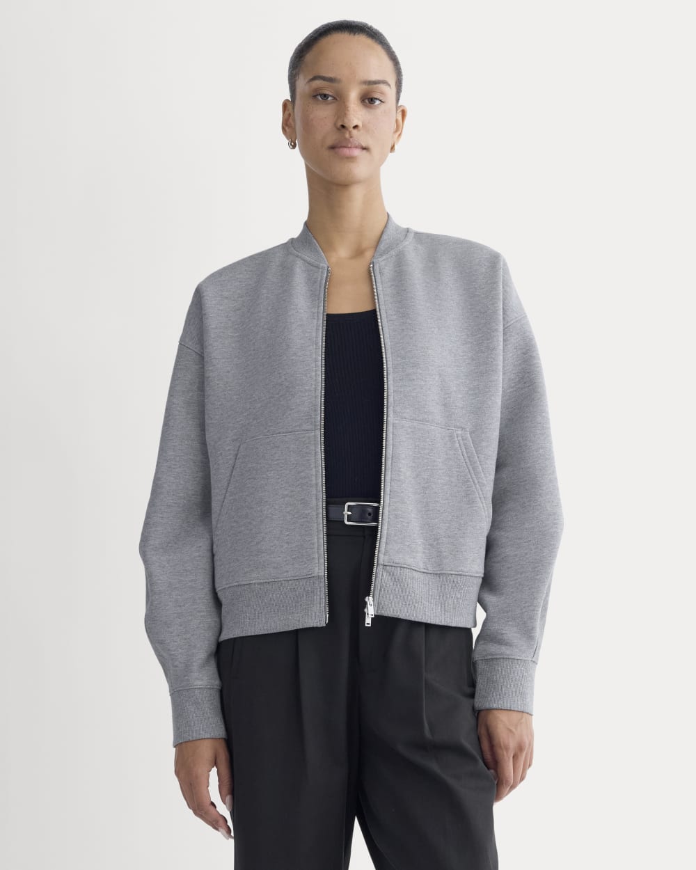 Luxe Fleece Bomber Jacket in Vintage Heather Grey — front view