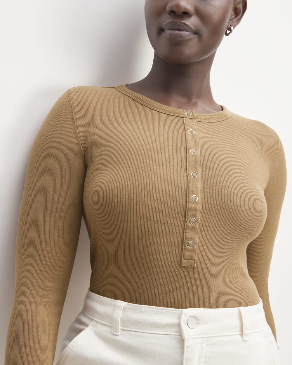 The Luxe Rib Henley in Toasted Coconut — detail view
