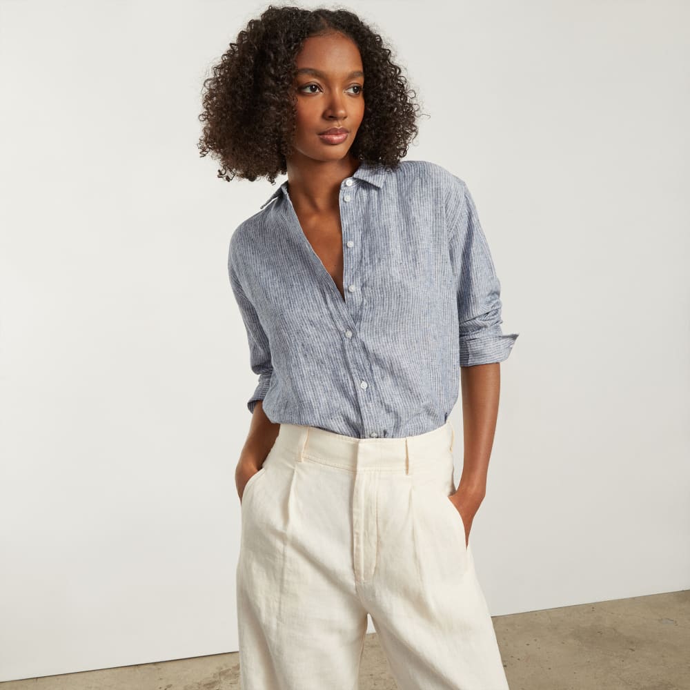The Must-Have Shirt in Linen in Blue Pinstripe — detail view