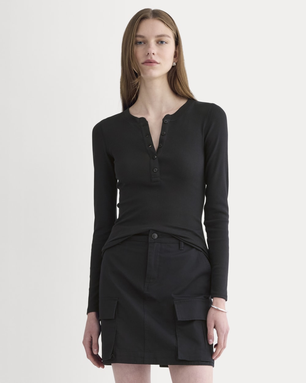 The Luxe Rib Henley in Black — front view