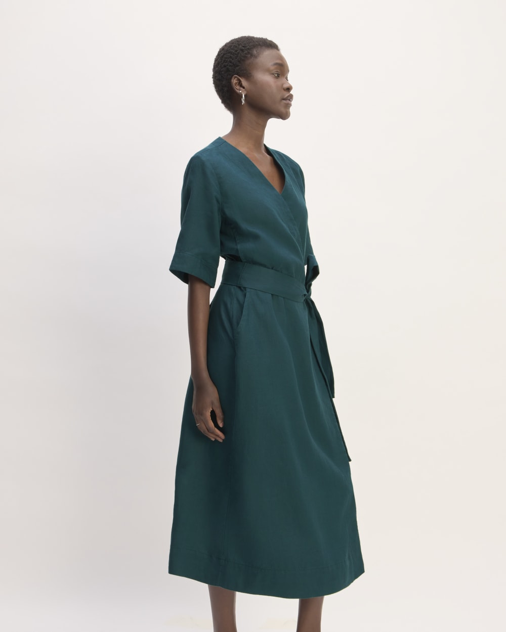 The Wrap Dress in Linen in Dark Sea — detail view