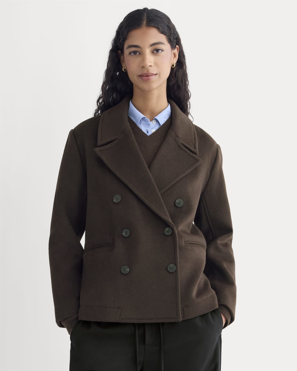 ReWool Short Peacoat in Dark Chocolate — front view