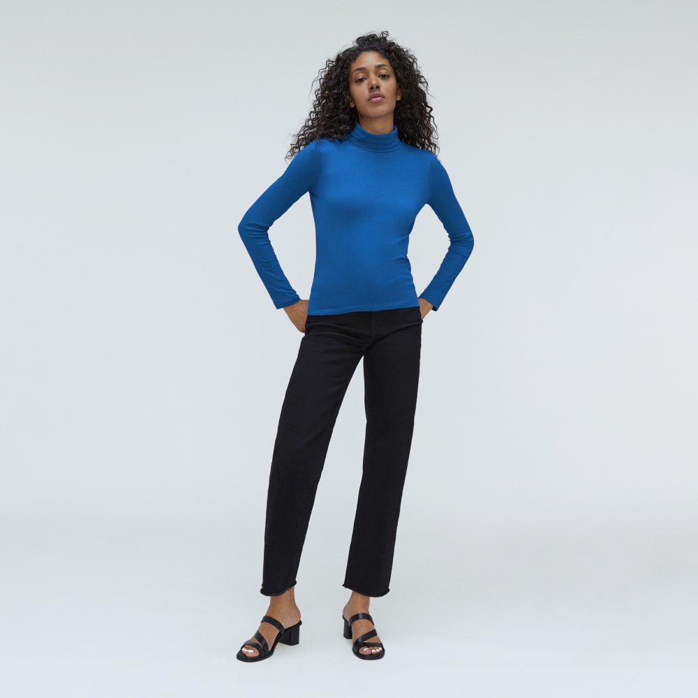 The Organic Cotton Turtleneck in Lapis Blue — detail view
