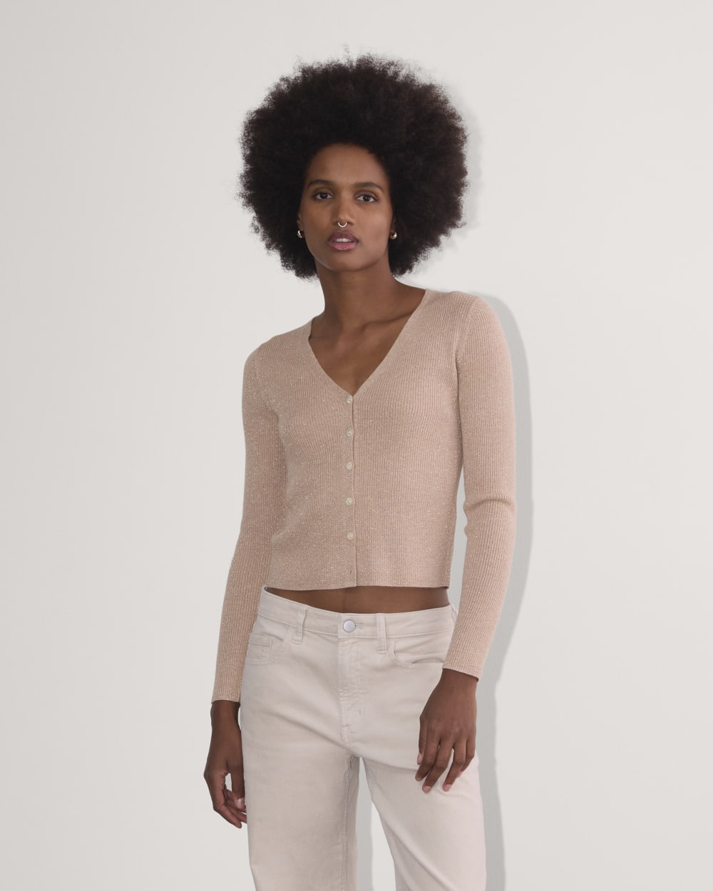 The Cardigan in Lurex Merino in Rose Gold — front view