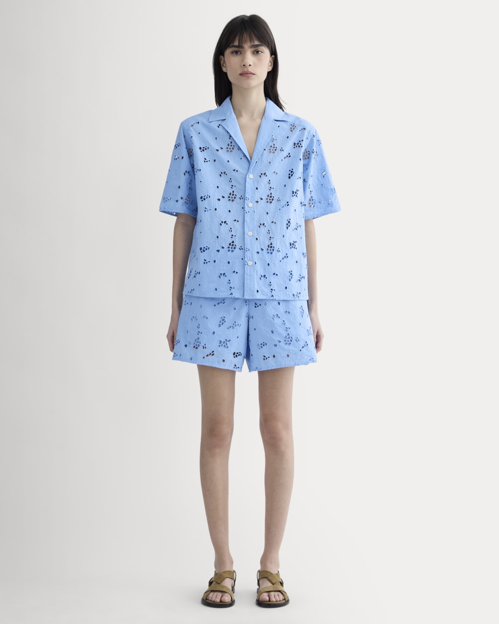 The Eyelet Camp Shirt in Sky Blue — detail view