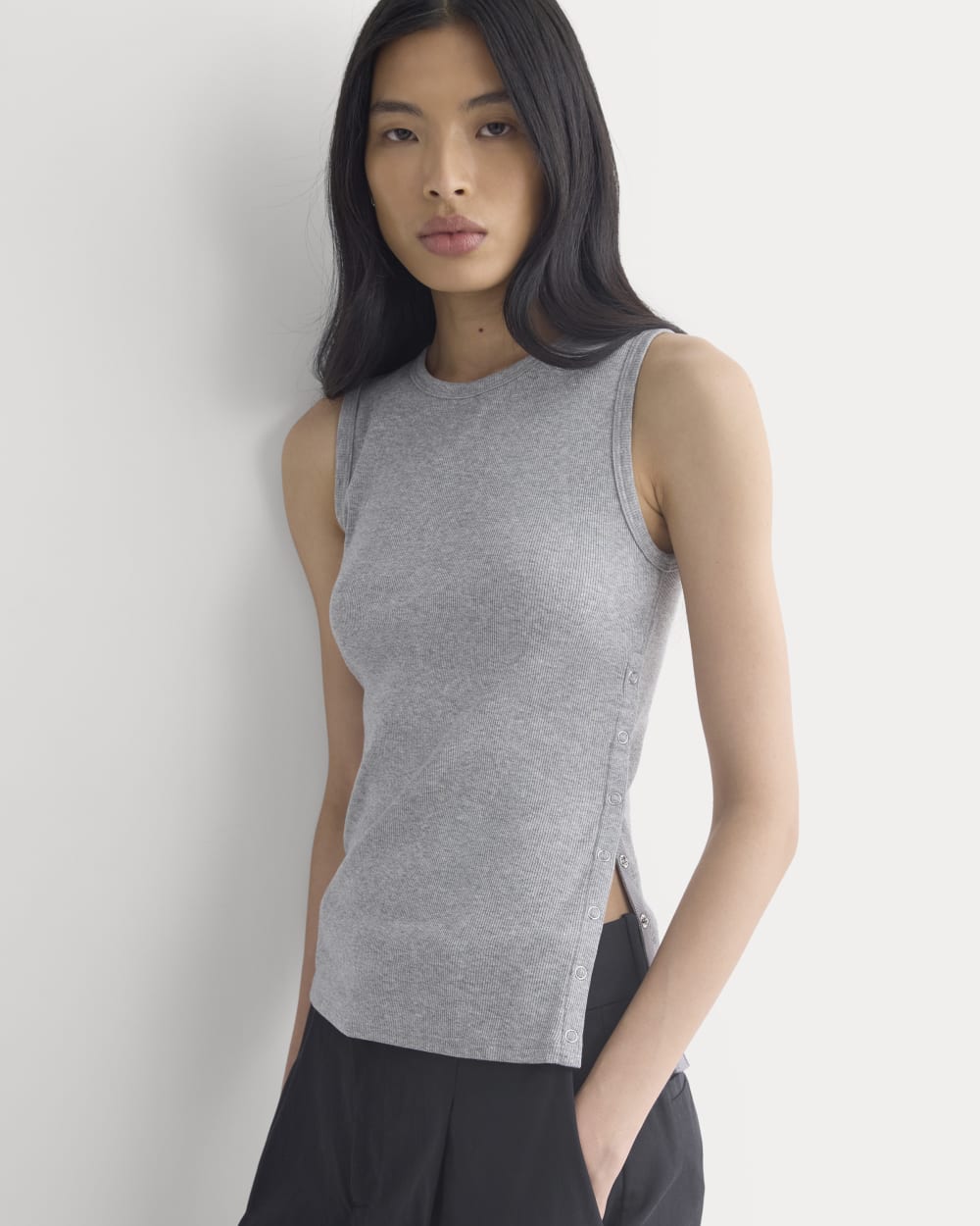 Luxe Rib Side Snap Tank in Heathered Light Grey — detail view