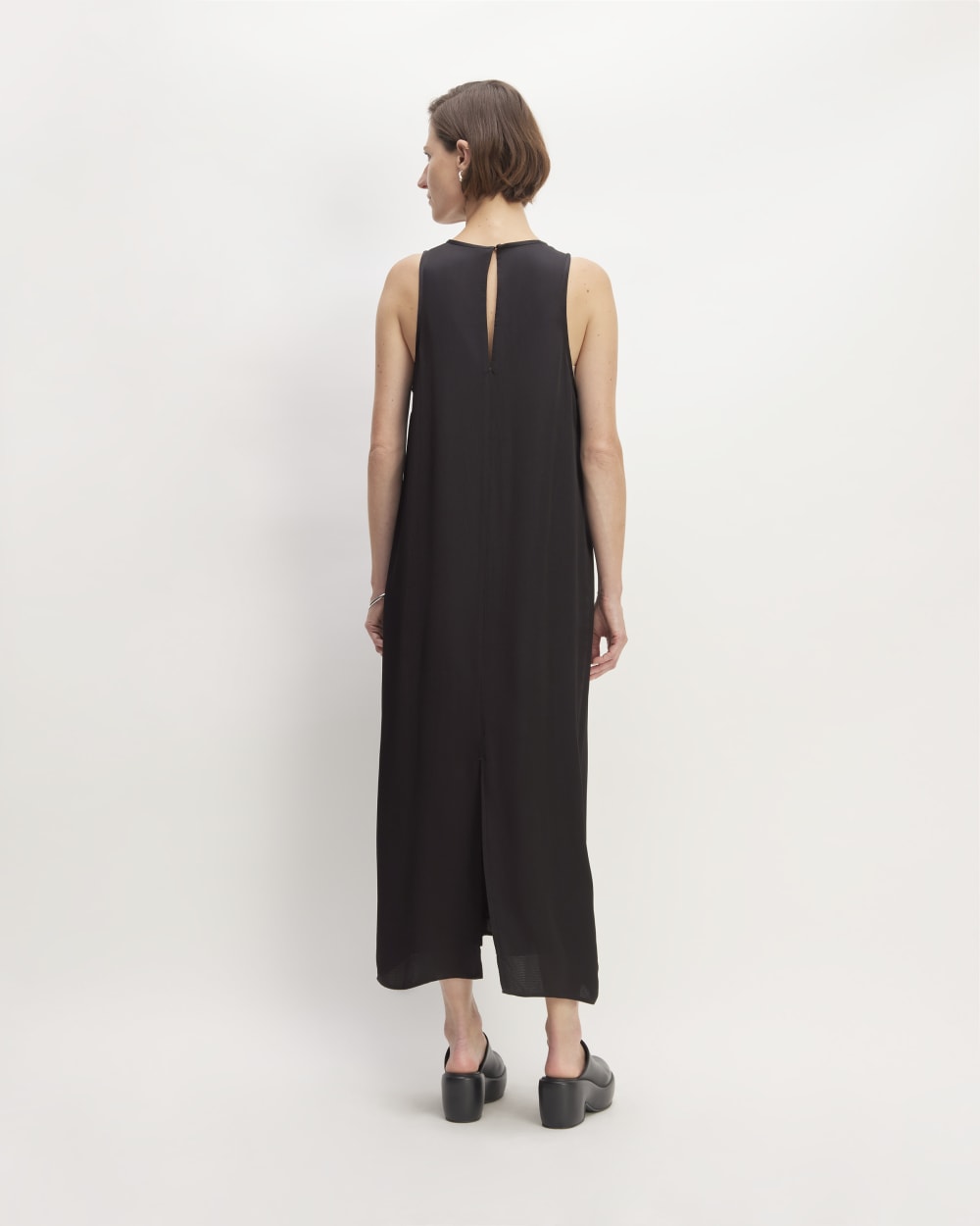 The Satin Racerback Slip Dress in Black — detail view