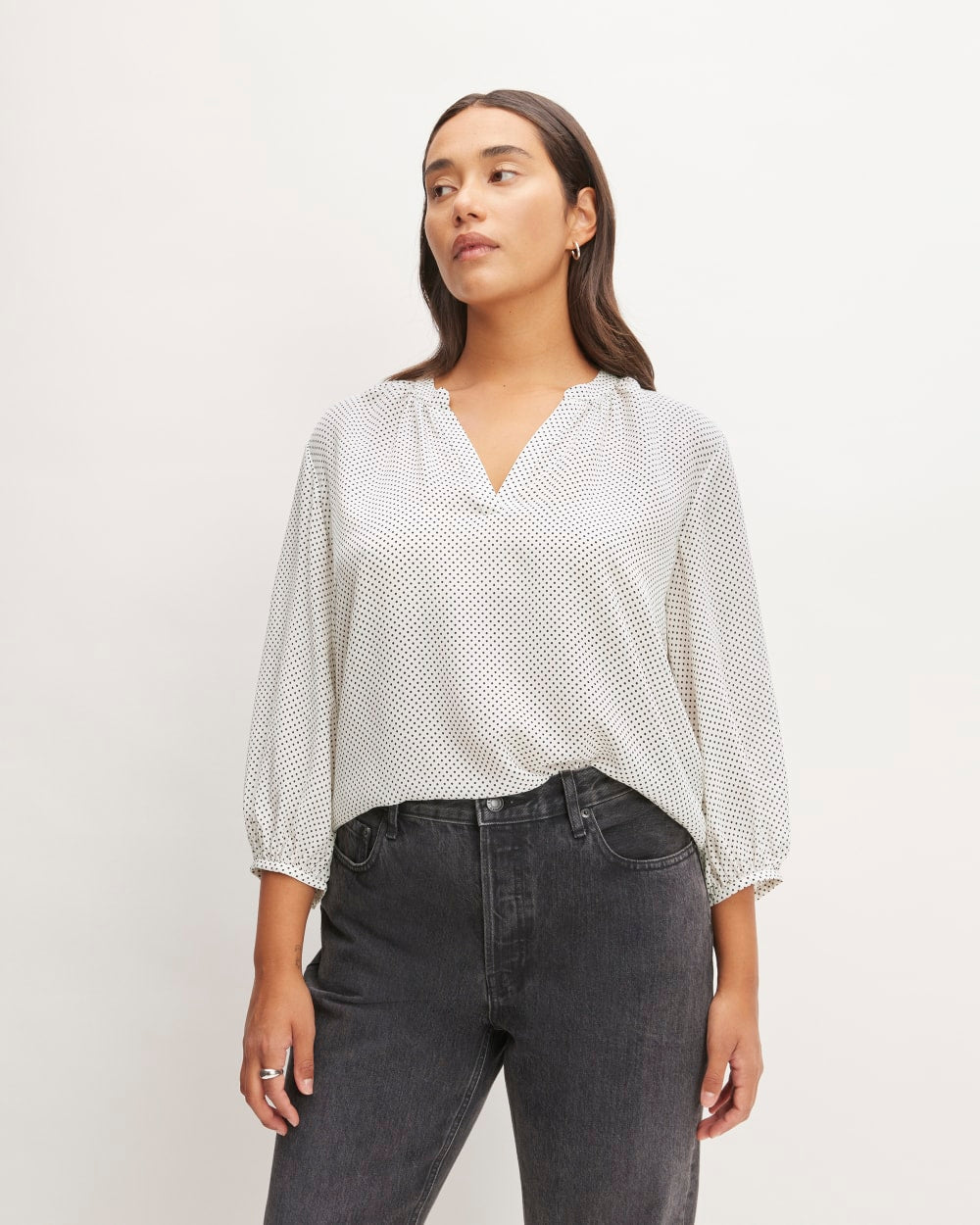 The Washable Clean Silk V-Neck Top in Bone / Black Polka Dot — front view