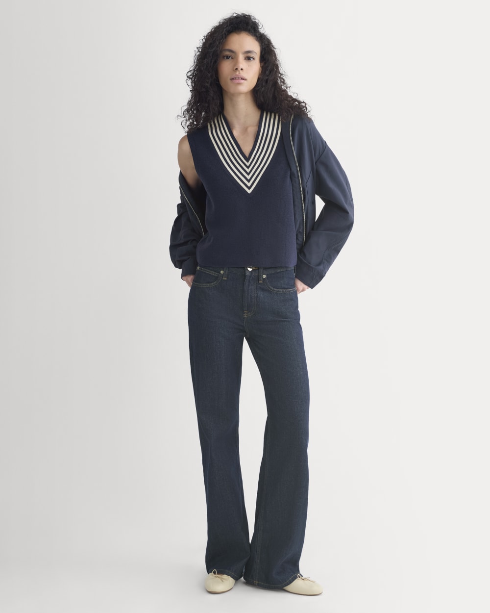 Relaxed V-Neck Vest in Cotton Merino in Navy — detail view