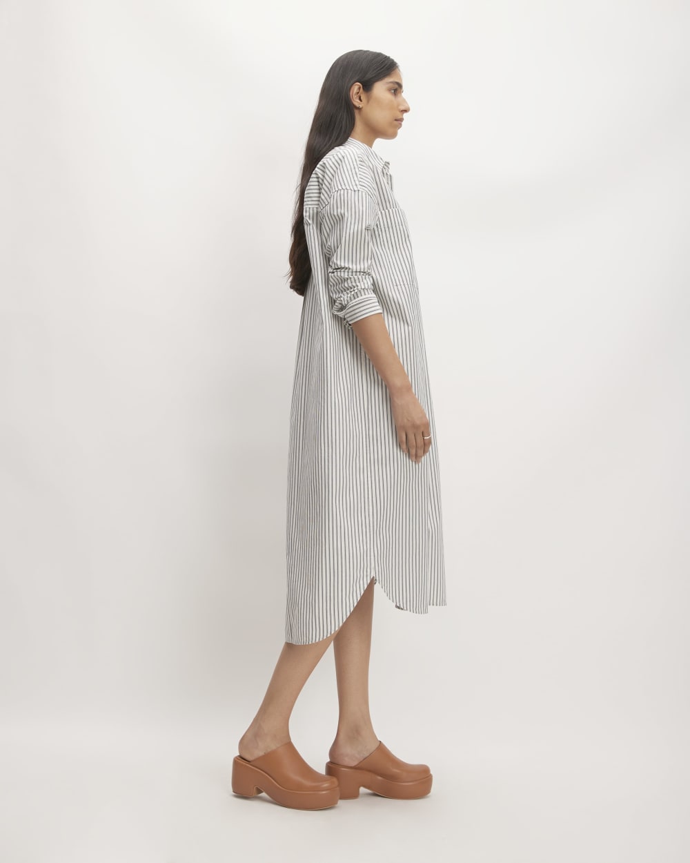 The Midi Cotton Shirt Dress in Bone/Navy — detail view