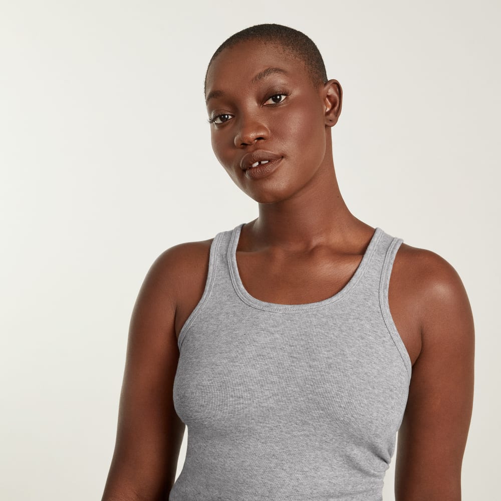 The Pima Micro-Rib U-neck Tank in Heathered Grey — detail view
