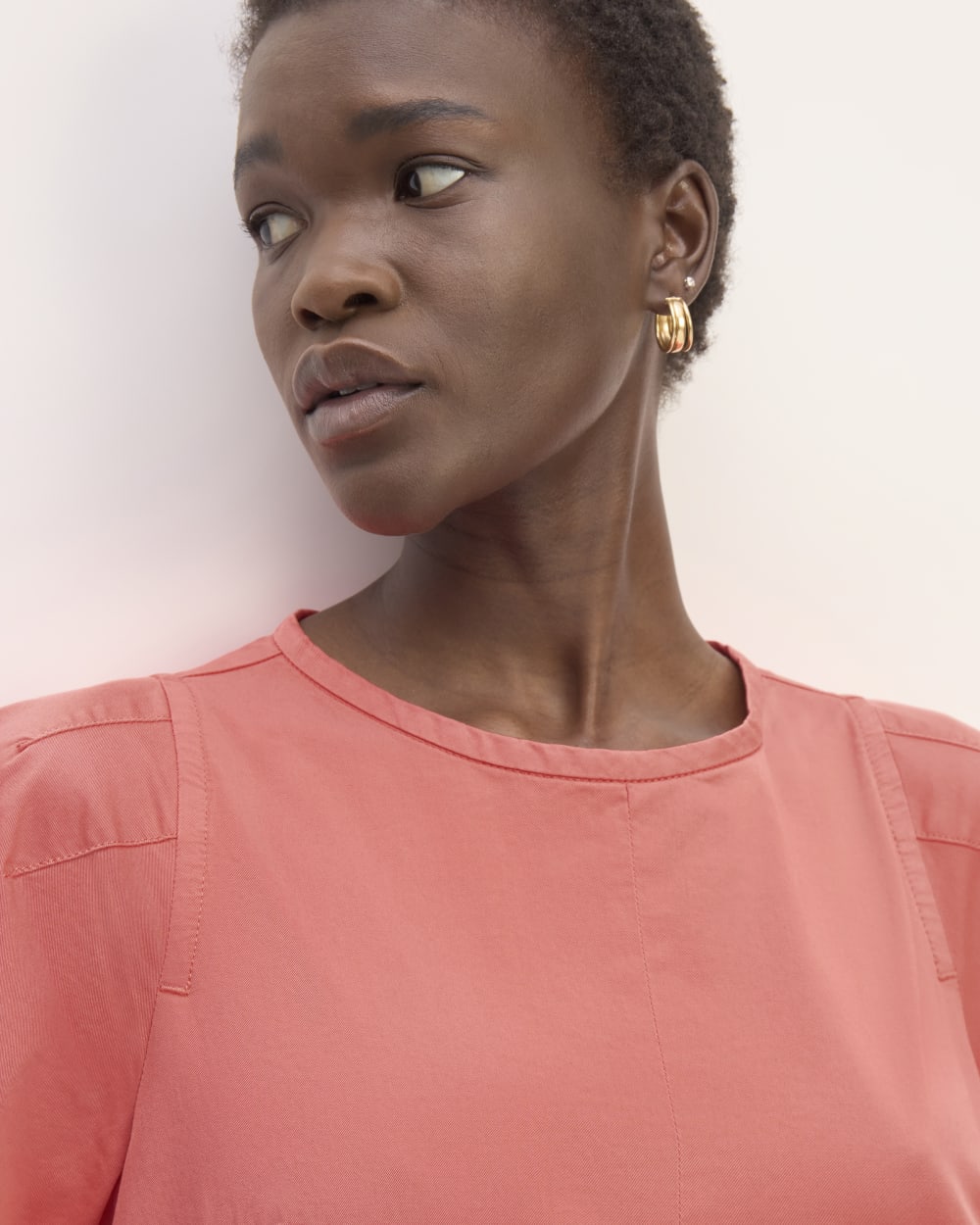 The Short-Sleeve Puff Midi Dress in Coral — detail view
